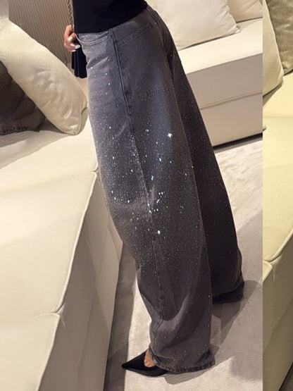 Women Rhinestone Wide Leg Jeans High Waist Sparkly Loose Fit Denim Pants